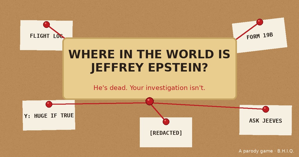 A corkboard with pinned notes and red string: FLIGHT LOG, FORM 19B, ASK JEEVES, [REDACTED]